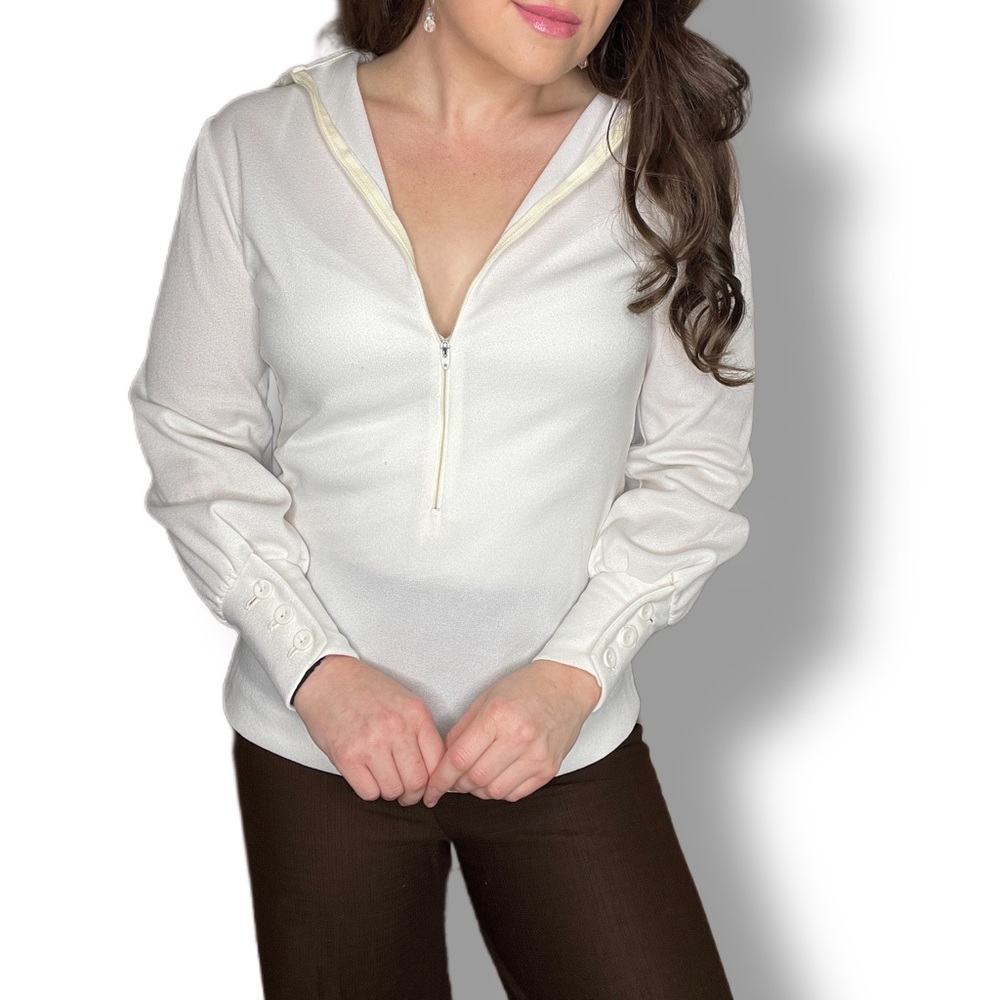 Vintage 1970s White Mock Turtleneck Zip Long Sleeve Blouse
